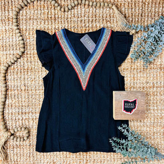 Embroidered Black V-Neck Blouse